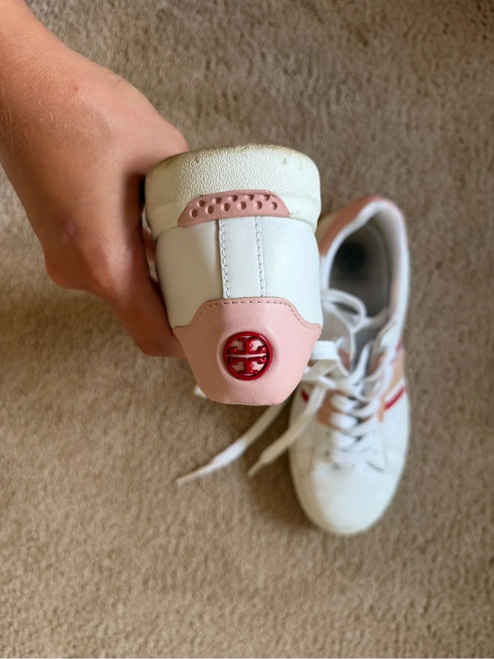 Tory Burch White Sneakers with Pink and Red Stripe Accents